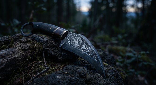 Custom karambit knife with engraved moon phases resting on a mossy rock in a dark forest