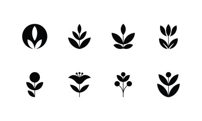 Fototapeta premium Set of eight minimal vector flower and plant icons featuring abstract botanical elements for modern graphic design projects