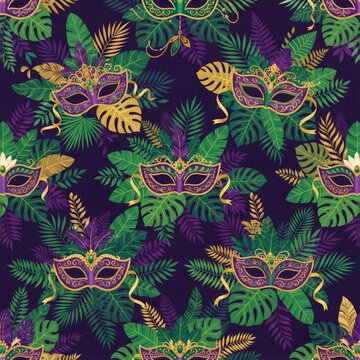 Carnival pattern with exotic masquerade masks and tropical foliage carnival festival seamless