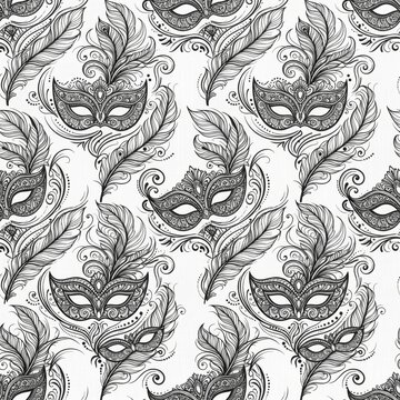 Monochrome seamless carnival pattern with masquerade masks and feathers carnival festival