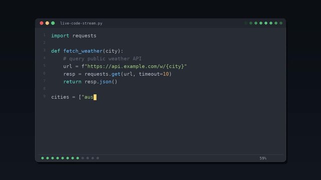 Code typing itself in dark editor window, live programming animation