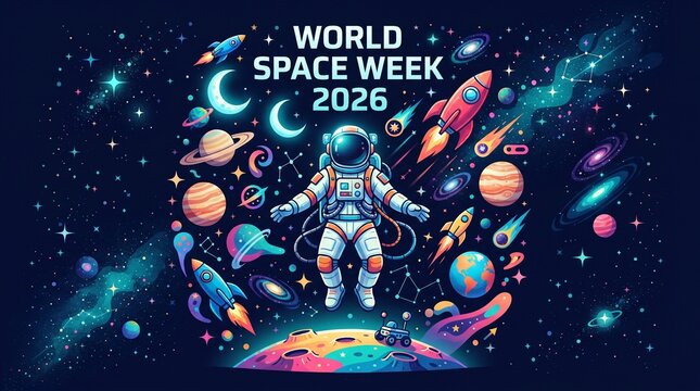 Astronaut floats in colorful space.
