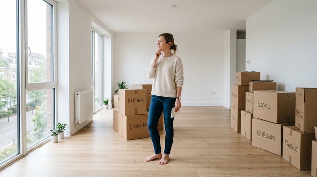 Woman standing amidst moving boxes
