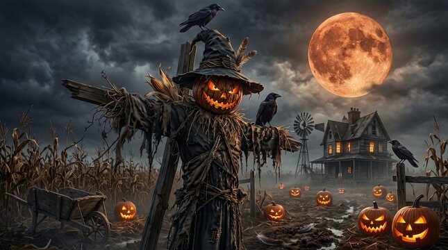 a jack o lantern scarecrow stands
