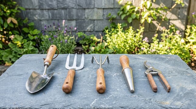 A collection of essential wooden-handled gardening tools arranged on a stone surface with lush greenery in the background