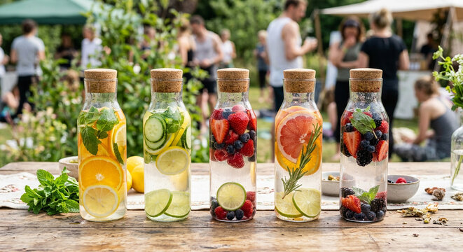 Colorful Fruit Infused Water Bottles at an Outdoor Wellness Gathering