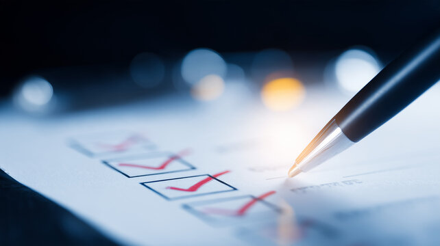 A pen marking a checklist represents quality control compliance auditing evaluation and structured decision making.
