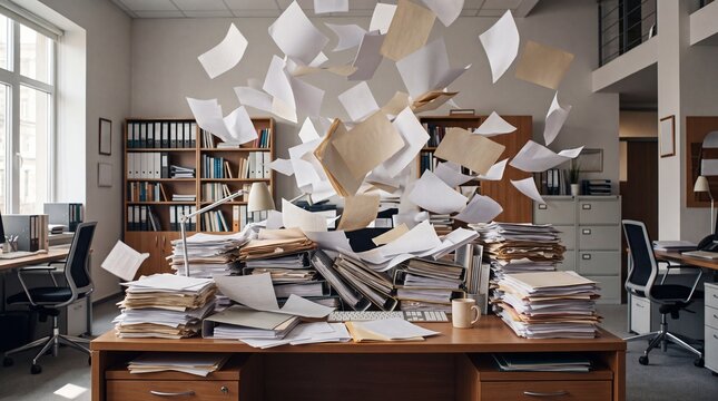 Chaos in an office with papers flying around a cluttered desk