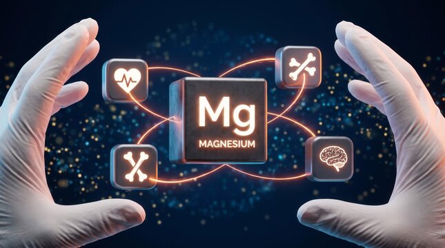 Glowing magnesium element symbol surrounded by health benefit icons held carefully within sterile medical gloved hands
