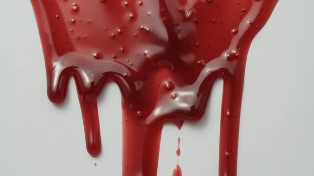 Thick red syrup dripping down a white surface