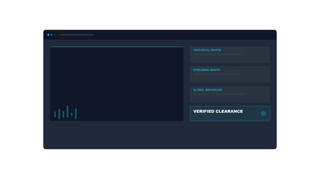 Automated Archival News Footage License Verification Window with Electric Cyan Clearance Checkmarks and Charcoal UI