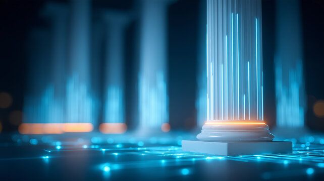 Classical columns rising from digital circuitry represent modern banking financial institutions and the transformation of financial technology.
