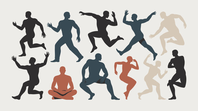 Set of diverse male human silhouettes in various active poses including running jumping and sitting postures isolated