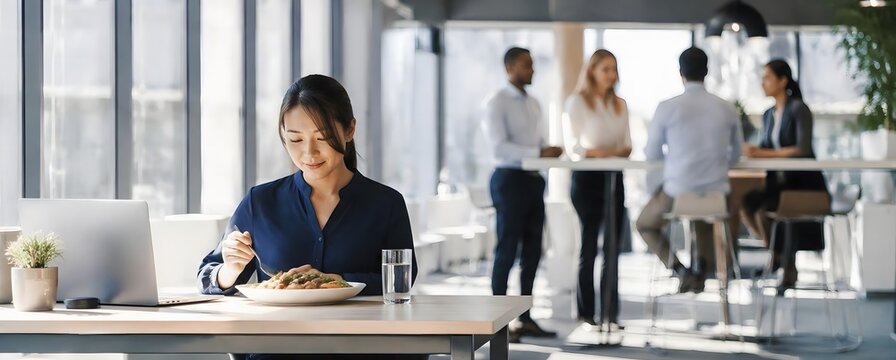 Female professional eating lunch at desk in modern open office.