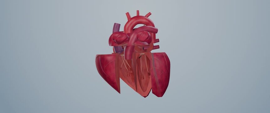 Cinematic anatomical heart opening to reveal chambers and valves