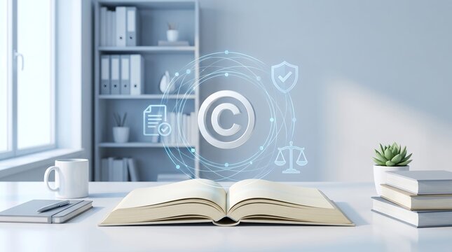 Glowing copyright symbol hologram floats above open book with digital legal icons inside office setting