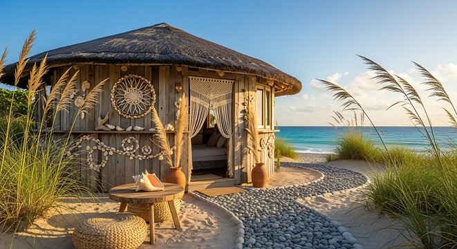 Tropical thatched roof hut on a sandy beach with ocean view during sunrise tropical vacation paradise thatched seascape
