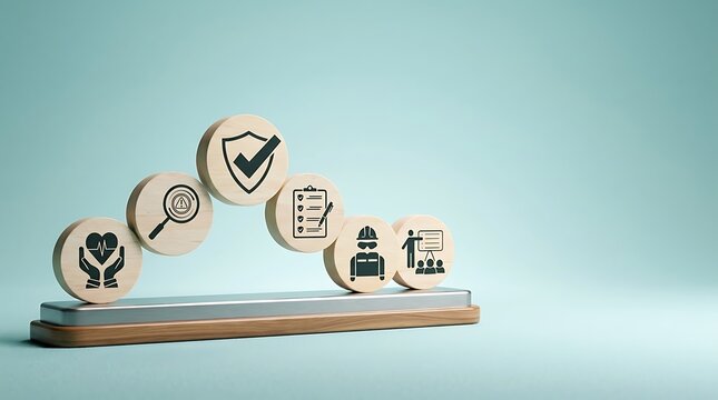 Industrial Safety and Occupational Health Concept with Protection Icons on Wooden Circles Over Blue Background, Representing Workplace Security, Risk Management, and HSE Compliance Standards