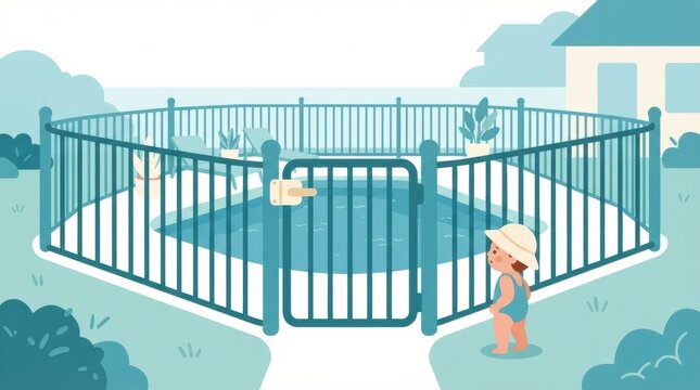A small child looks at a pool inside a fenced area with a secure gate at a home. The setting shows a garden with plants and a nearby house.