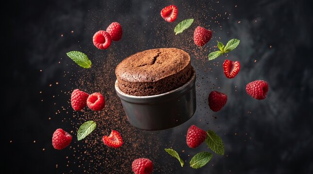 Decadent chocolate souffle with fresh raspberries and mint leaves