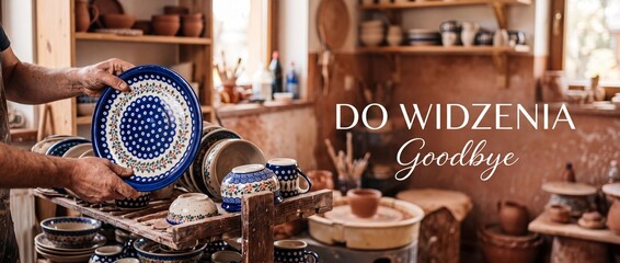 Polish Pottery Blue Ceramic Plate held by potter in workshop with Polish farewell text Do Widzenia Goodbye, rustic artisan studio background with traditional hand-painted stoneware clay vessels. Art