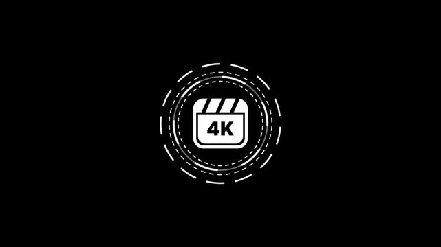 Minimalist 4k film clapperboard icon with spinning dashboard hud rings on black background.
