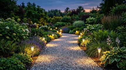 Fototapeta premium Illuminated Gravel Garden Path Lined with Lush Plants and Soft Outdoor Lighting During Evening Twilight