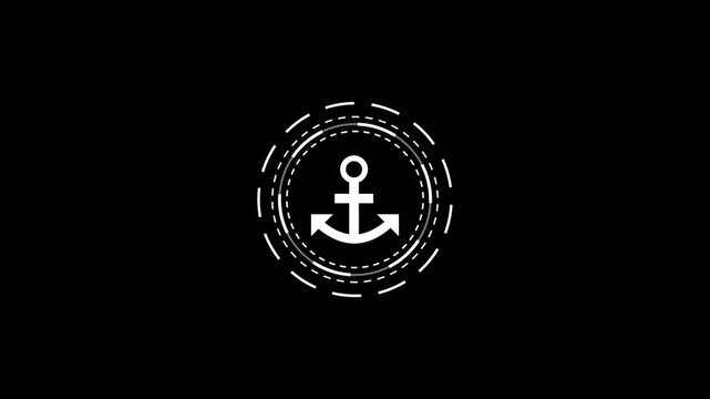 White anchor icon spinning inside dashed circles over black background for motion graphic.
