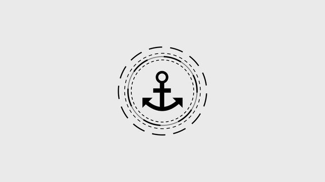 Black and white anchor symbol animated in a circular dashed line frame on a white background.