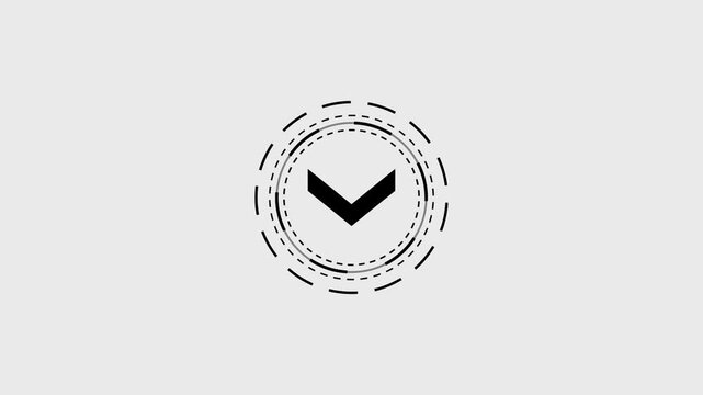 Simple down arrow with animated dashed circle on gray background motion graphic.