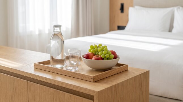 Wooden tray with fresh fruit and water bottle on a light wood cabinet in a bright modern hotel room bedroom interior