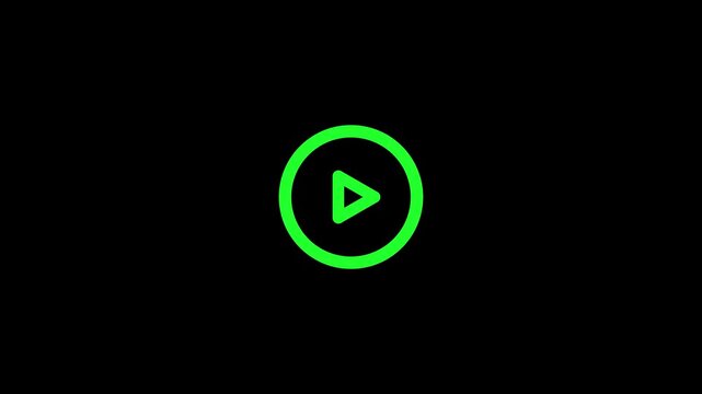 Green play button icon animation on black background, motion graphic for media playback.