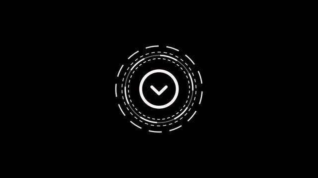 Animated downward arrow icon with rotating circular dashed line overlay on black background.