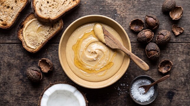Vanuatu Nangai Nut Butter Spread with Honey and Sea Salt in Ceramic Bowl with Toasted Bread, Cracked Nangai Nuts and Fresh Coconut, Top View