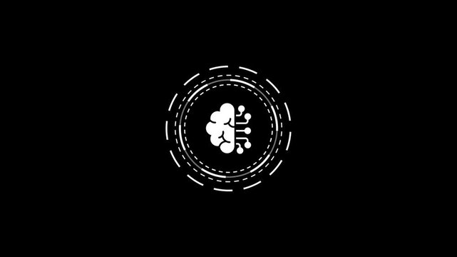 Futuristic artificial intelligence brain icon animation with rotating glowing circular elements.