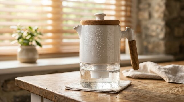 Modern White Ceramic Tea Maker with Wooden Accents and Water Droplets on a Kitchen Countertop