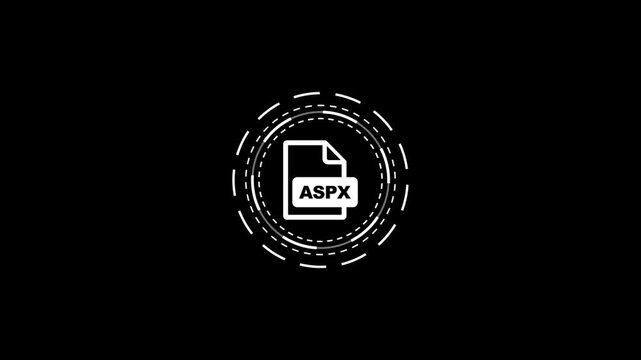 Aspx file extension icon inside rotating circular lines on black background motion design.