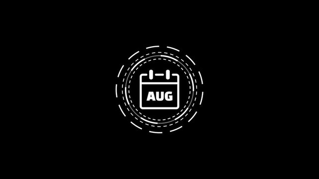 August calendar icon in a futuristic circle with a dashed and solid line in a seamless loop.