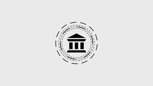 Minimalist bank icon animation featuring rotating dashed circles on simple white background.