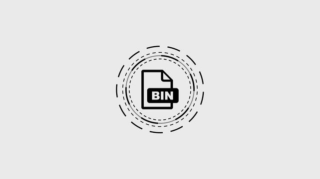 Bin file format icon surrounded by rotating circular dash lines on clean gray background.