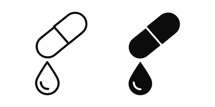 Medicine Capsule Icon Set With Drop In Outline And Solid Black Style