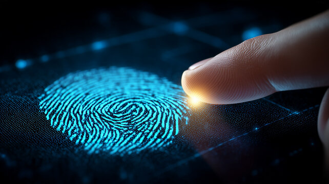 A fingertip touching a digital fingerprint scanner represents biometric authentication identity verification and secure access technology.
