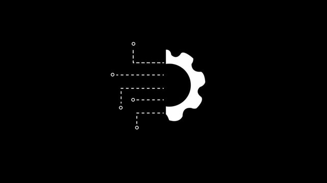 Minimalist digital gear logo animation depicting technology and innovation on black background.