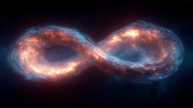 A luminous infinity symbol formed by cosmic particles represents endless possibility continuity and limitless potential.
