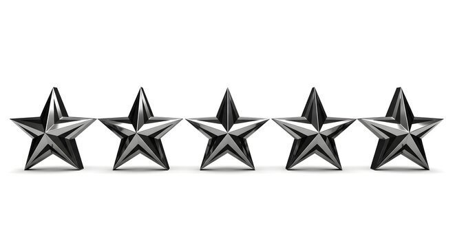 Five shiny silver metallic stars arranged in a row representing top quality feedback and customer satisfaction ratings
