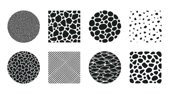 Patterns featuring black and white textures in circular and square frames present a diverse collection of abstract graphic designs suitable for background elements and digital surface decorative.