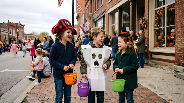 Children in Halloween costumes walking with treat buckets during town street parade