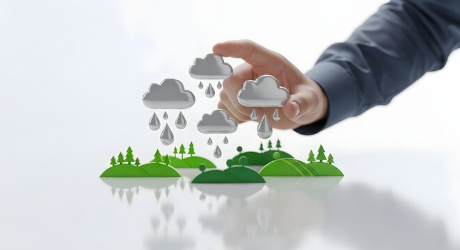 A human hand delivers rain clouds to miniature green landscapes, symbolizing vital environmental management, sustainable water resource allocation, and the delicate balance of ecological systems