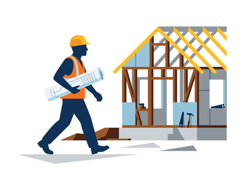 Construction Worker with Blueprint and House Frame Vector Illustration