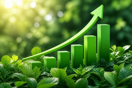 Green growth chart rising among leafy plants outdoors